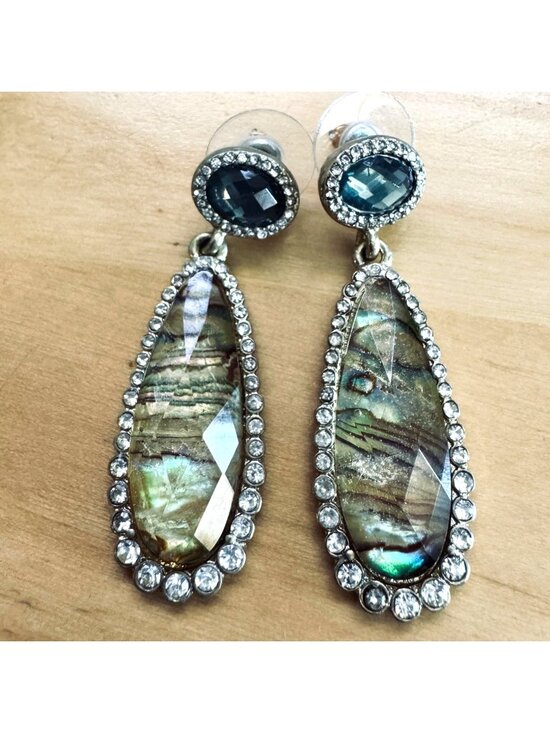 Unsigned Jewelry - Boho Chic Art Glass Drop Dangle Earrings CZ Pave Trim Gold Washed tests at 12kt